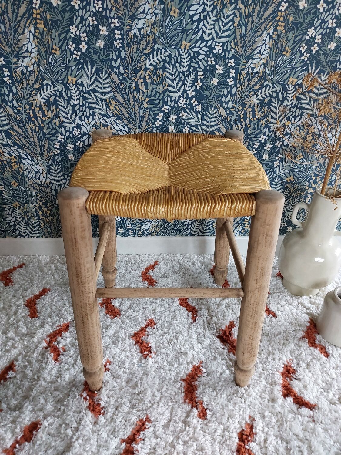 French wooden stool and vintage straw