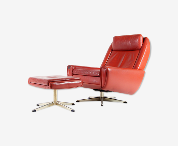 Danish Leather Swivel Armchair With Footstool 70s Selency Danish Leather Swivel Armchair With, Red Swivel Chair And Footstool