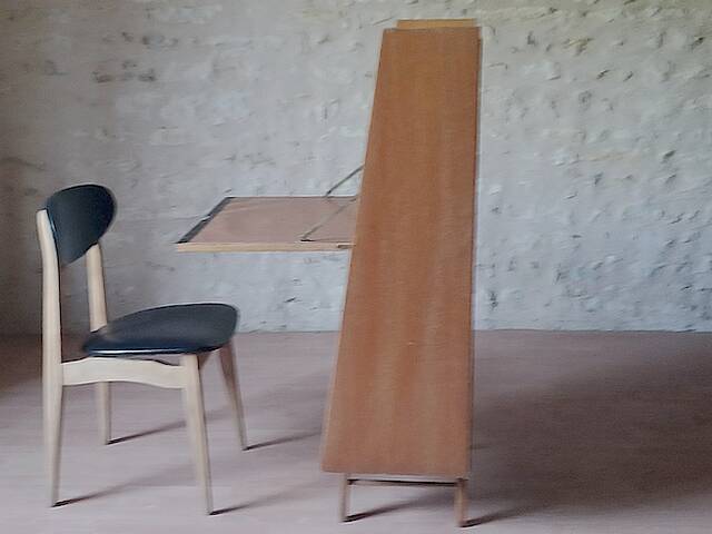 Vintage 1960s secretary with slanted design, light wood, compass legs