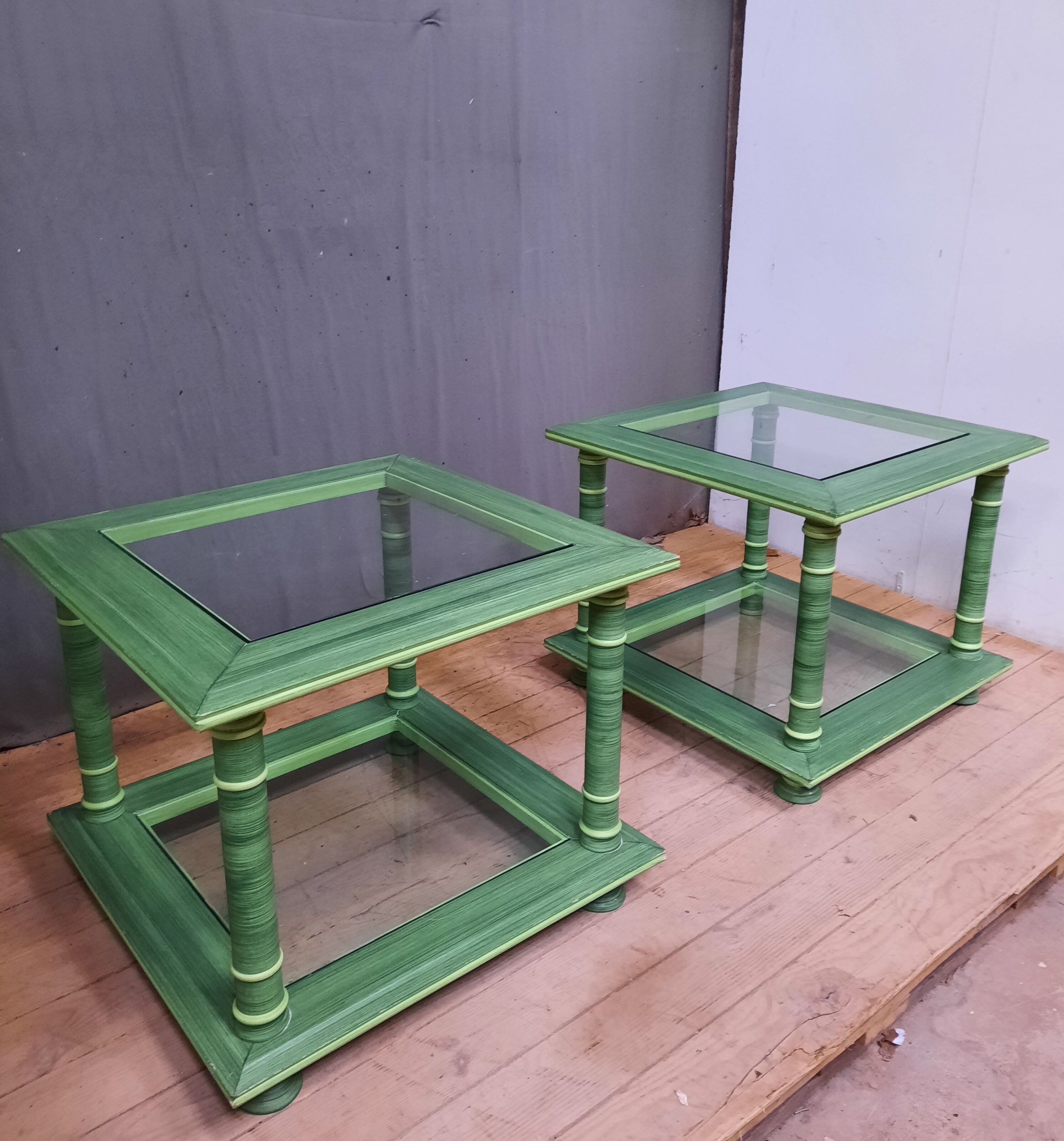 Pair of square sofa ends made of green ceruse wood