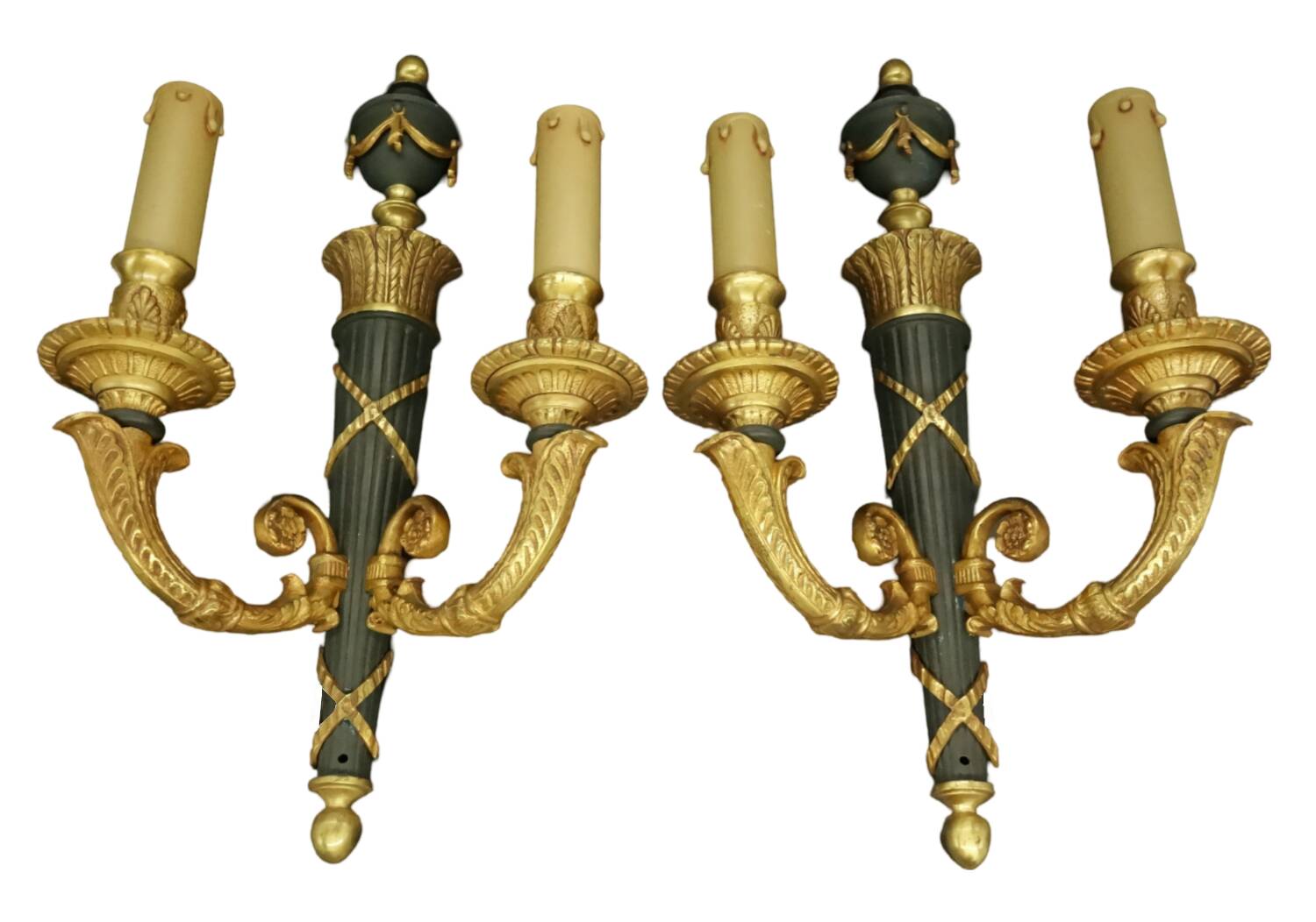 Pair of large wall sconces in quiver style Empire - bronze / green patina
