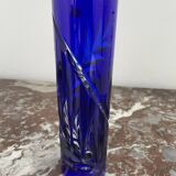 Soliflore vase, tubular, blue crystal, foliage decoration, encrypted, label, hand cut, flowers