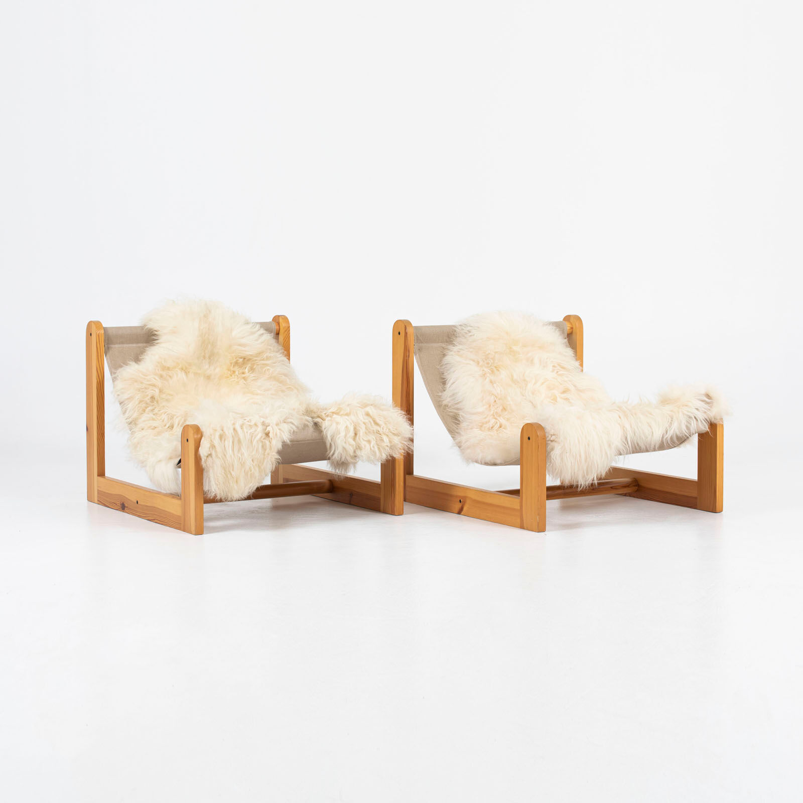 Sling chair in pine, canvas and sheepskin, 1970s