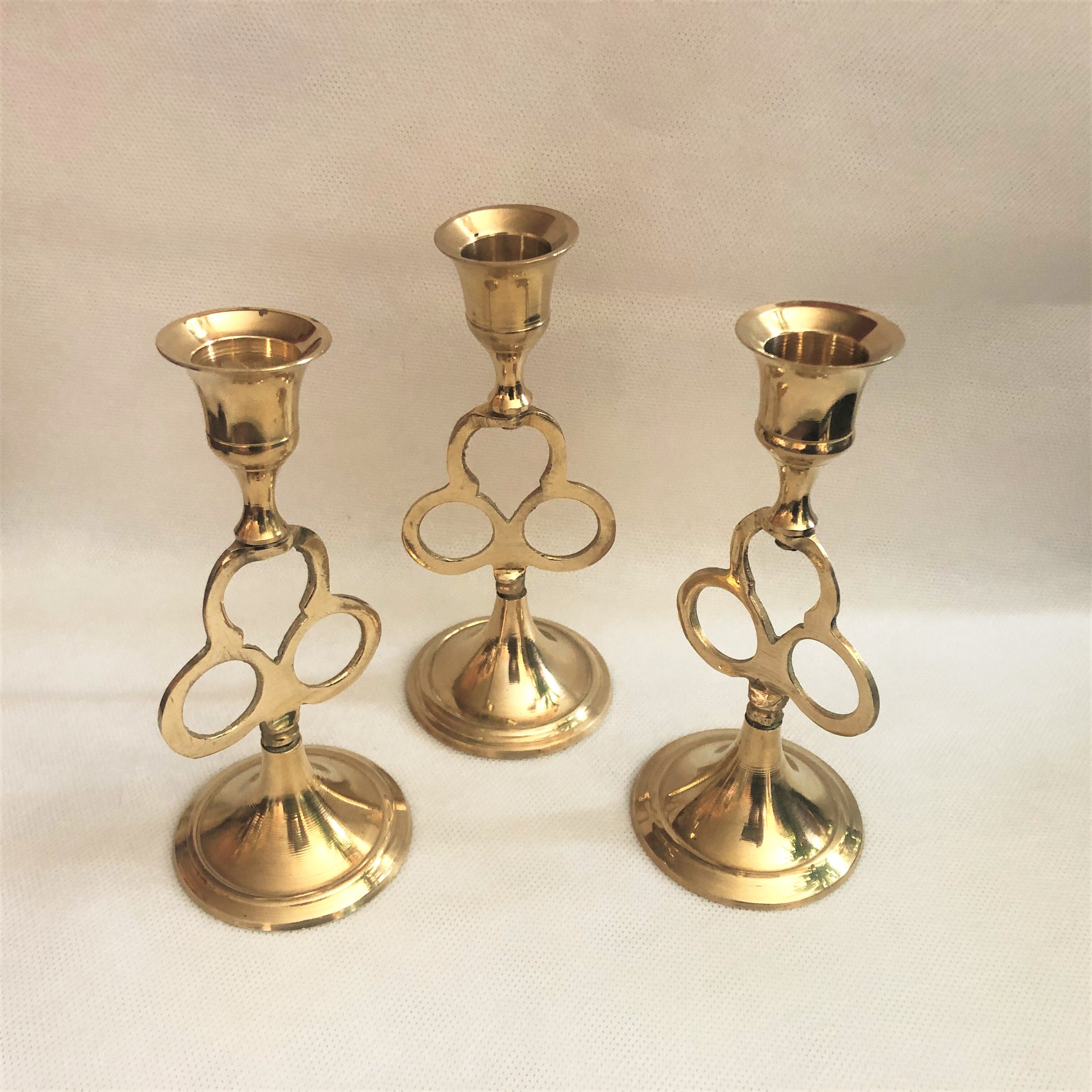 Trio of golden brass candle holder INDIA vintage