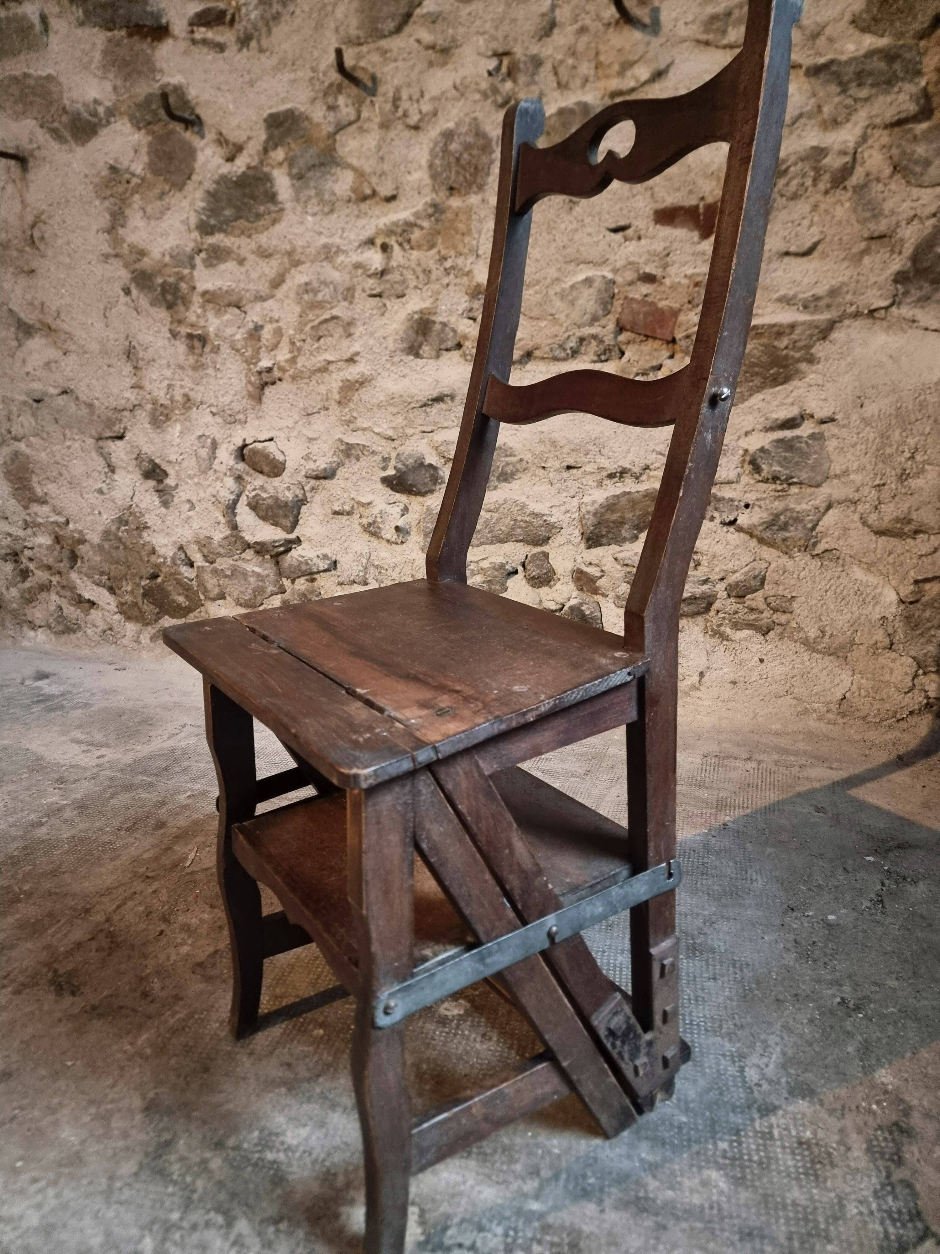 Chaise escabeau de bibliothèque ancienne – Chaise métamorphique en hêtre, France, début 1900