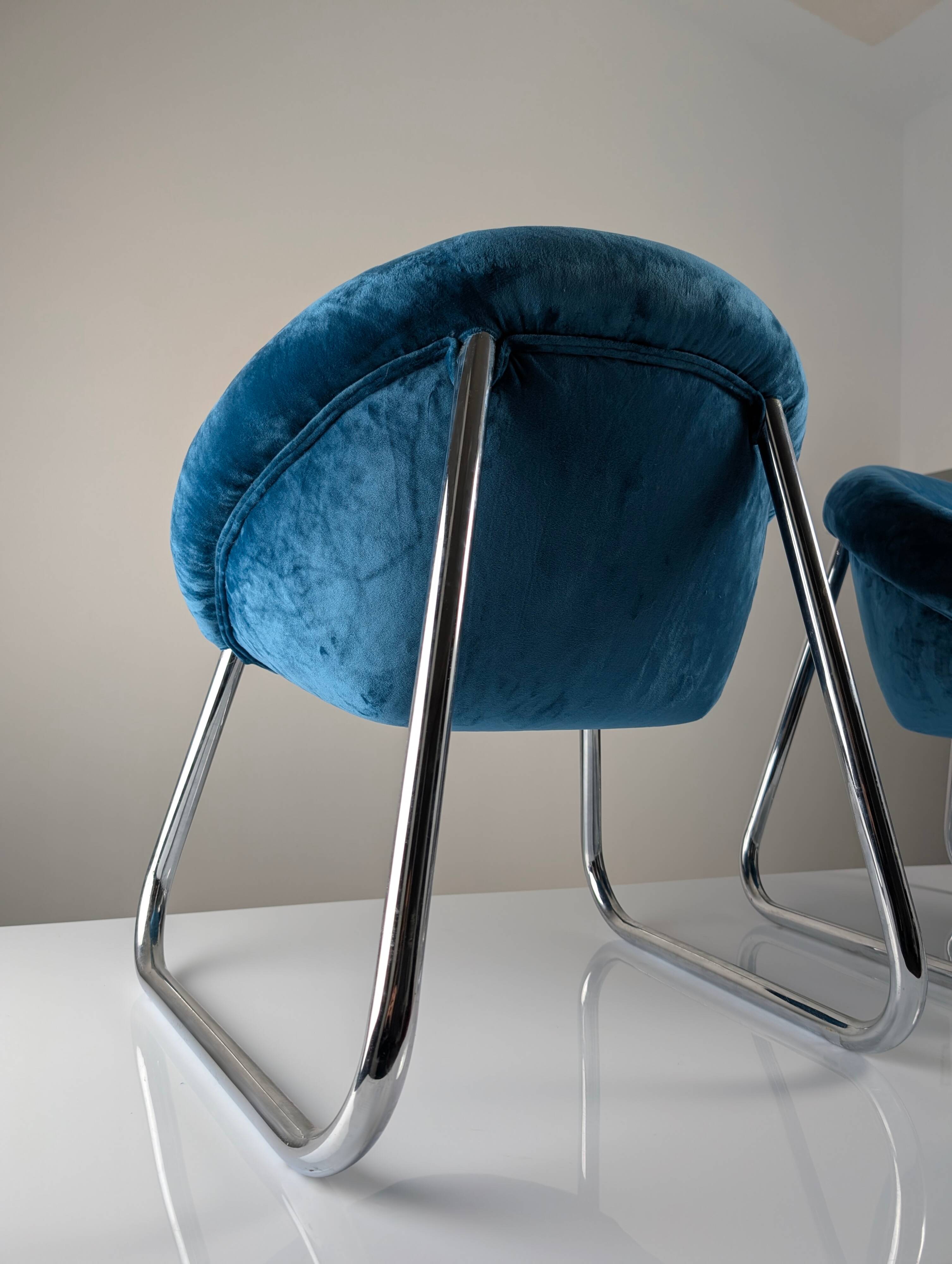 Pair of Italian Chrome and Blue Velvet Armchairs, 1970s