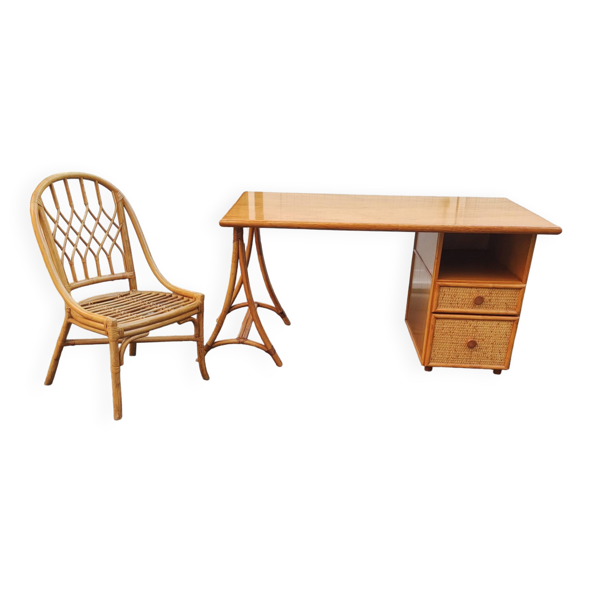 Bureau vintage en bambou et osier