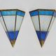 Pair of oriental triangle wall lights in copper and transparent and blue glass. 1970s