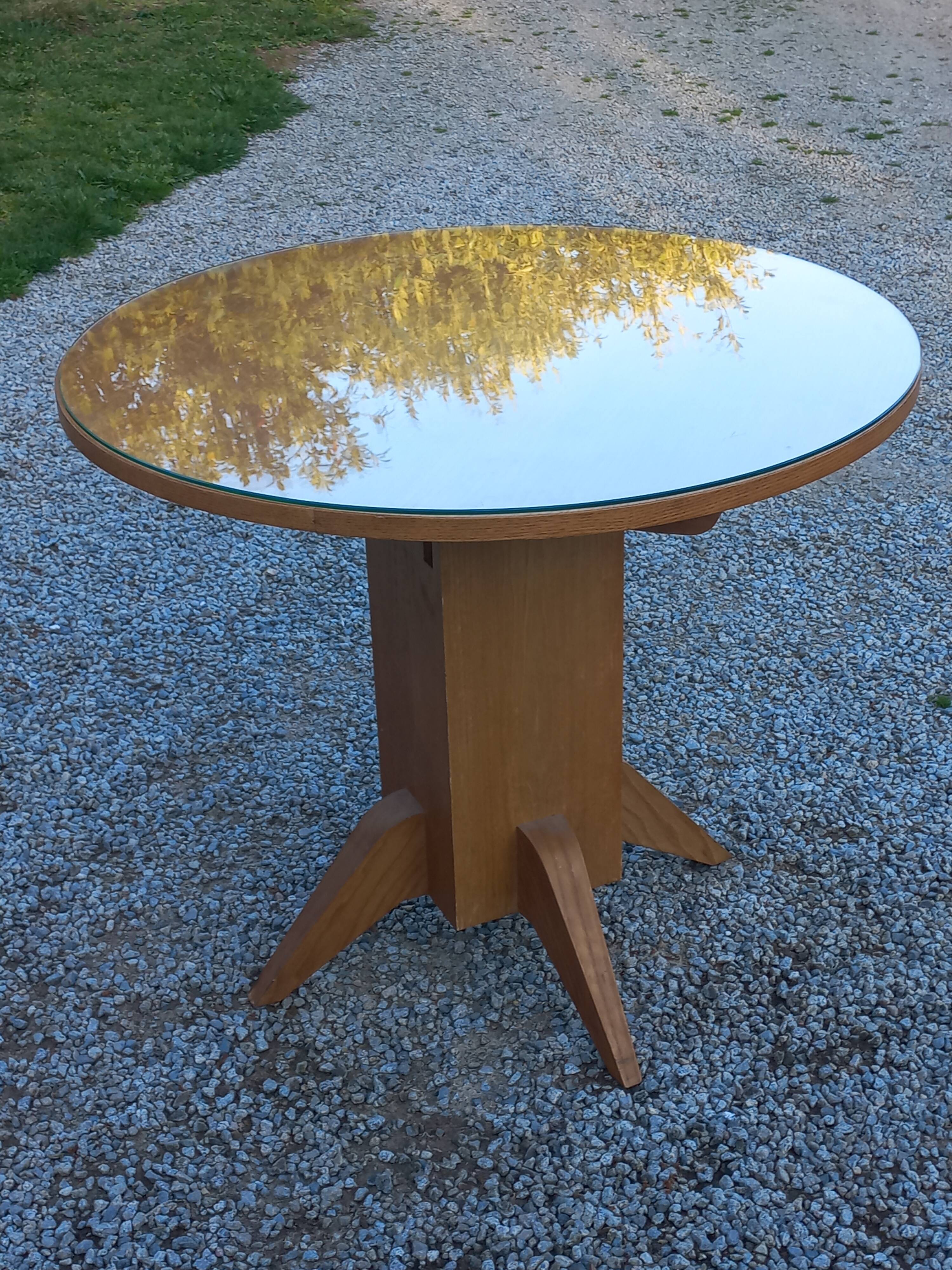 1950s round oak table, 2 heights, central quadripod leg