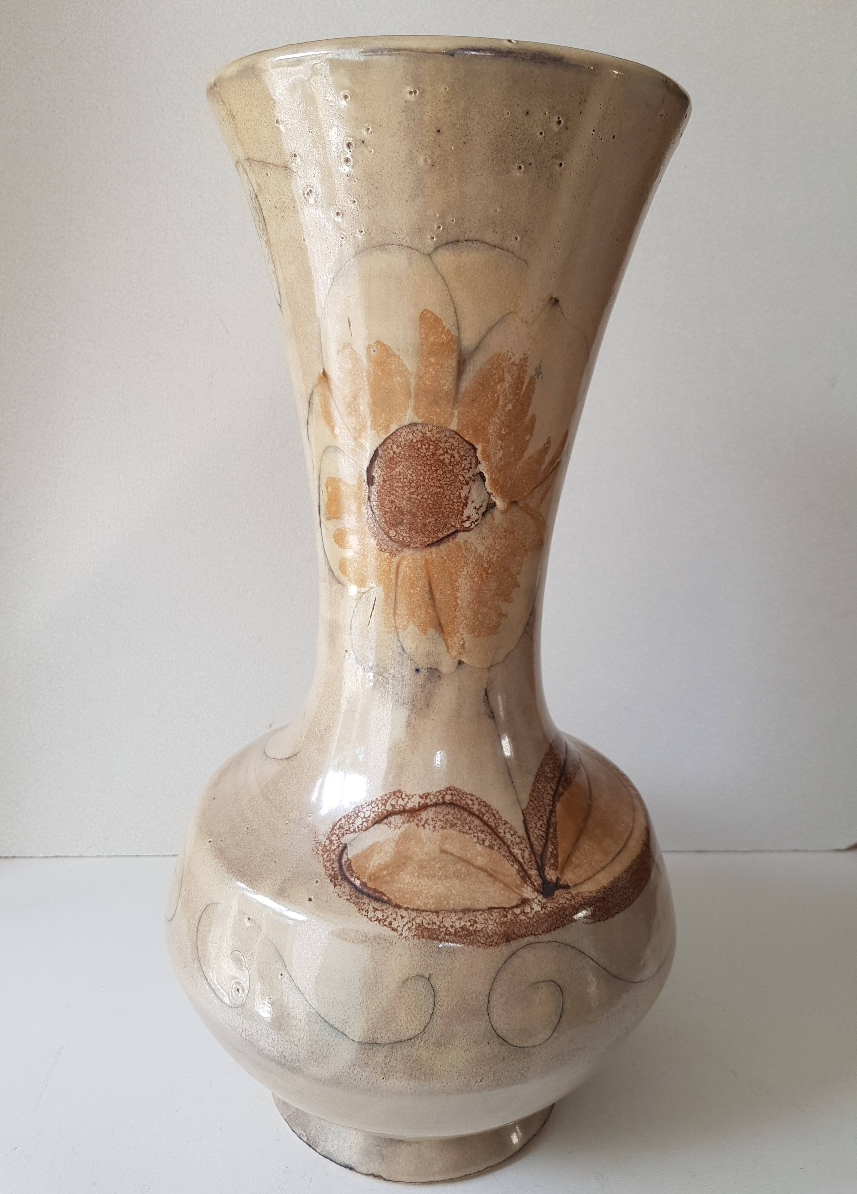 Large ceramic vase with floral motif - Signed La roue Vallauris - H 38 cm
