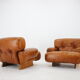 1970s design italian armchairs in wood and cognac leather