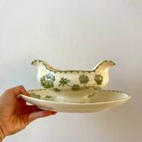 gravy boat in Terre de Fer Digoin Sarreguemines model "Géranium" green late 19th century