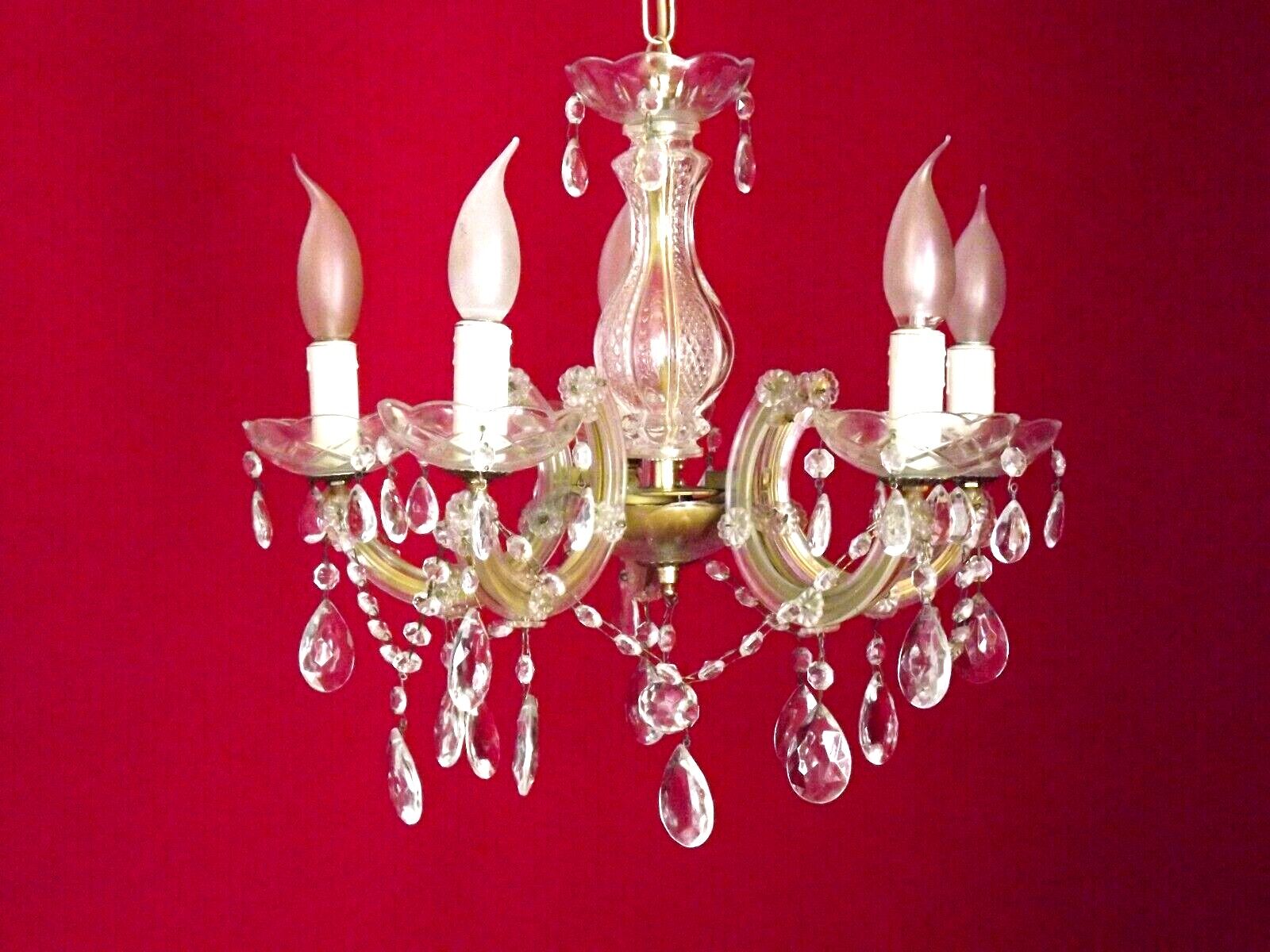 Vintage french metal crystal and glass 5 arm paris chic style chandelier 4228
