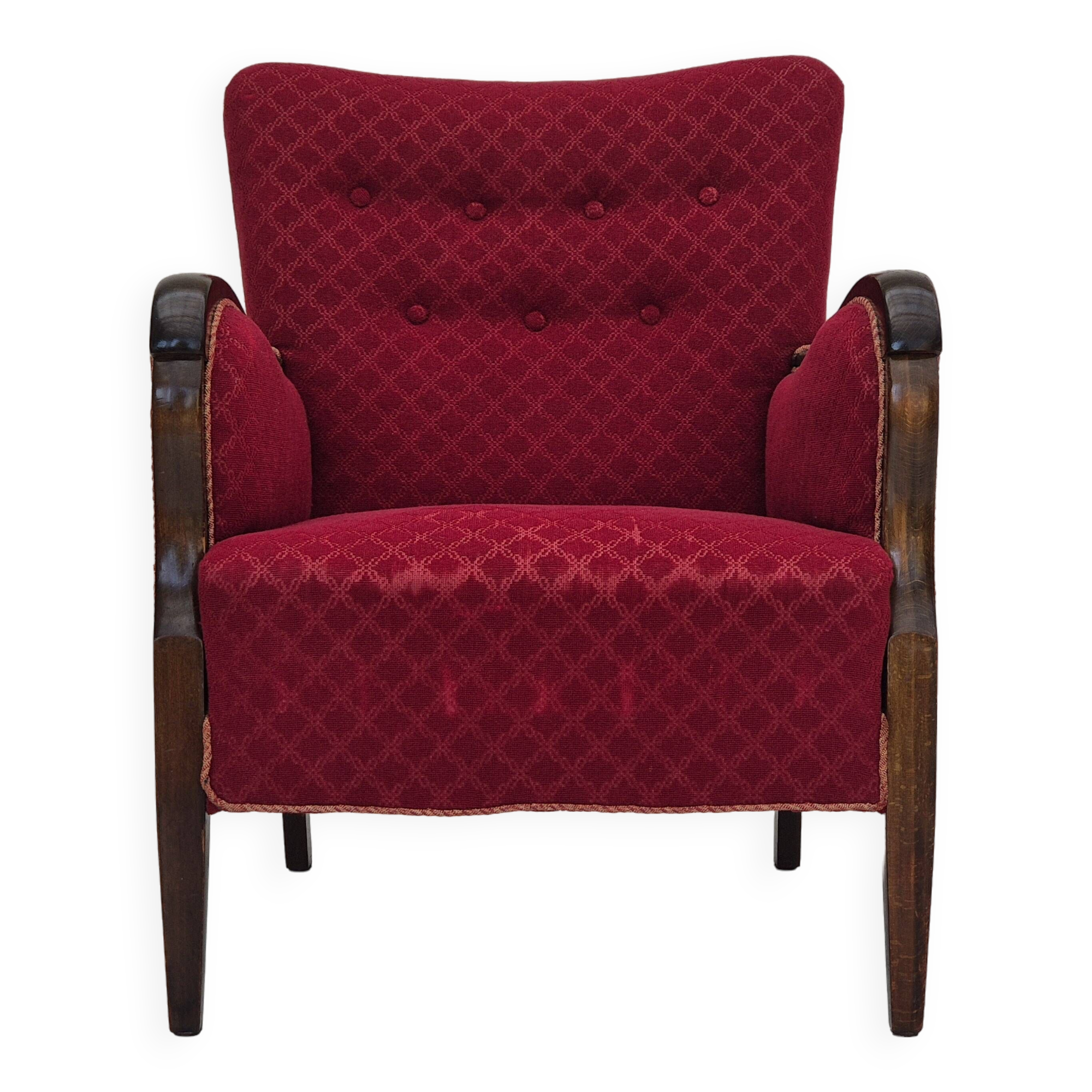 1950s, Danish design, armchair, original condition, red cotton-wool fabric.