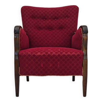 Années 1950, design danois, fauteuil, état d'origine, tissu en coton rouge.