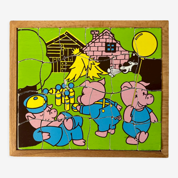 Cadre puzzle en bois des années 50/60 représentant les 3 petits cochons.