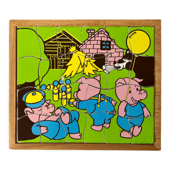 Cadre puzzle en bois des années 50/60 représentant les 3 petits cochons.