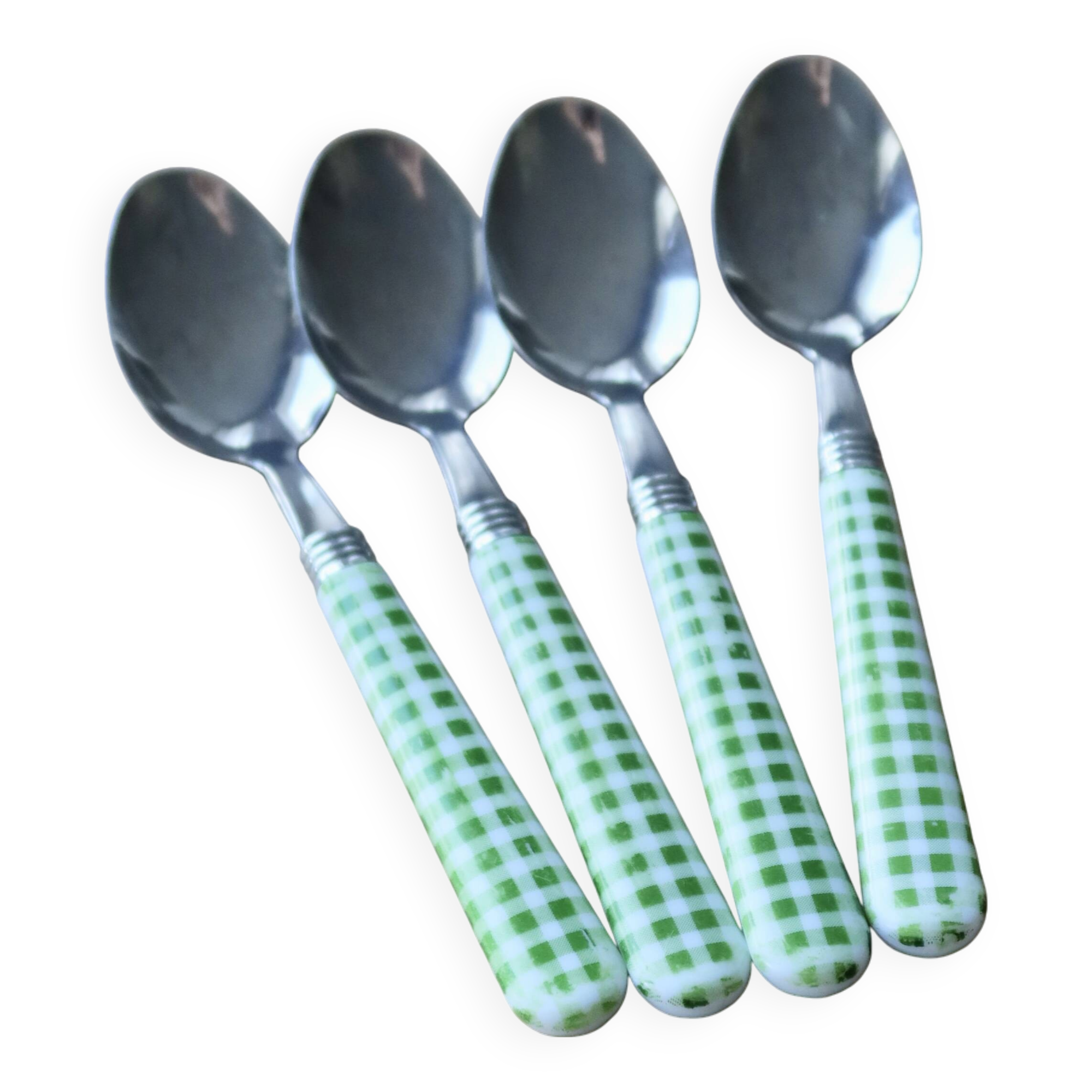 12 vintage stainless steel and green and white gingham cutlery sets