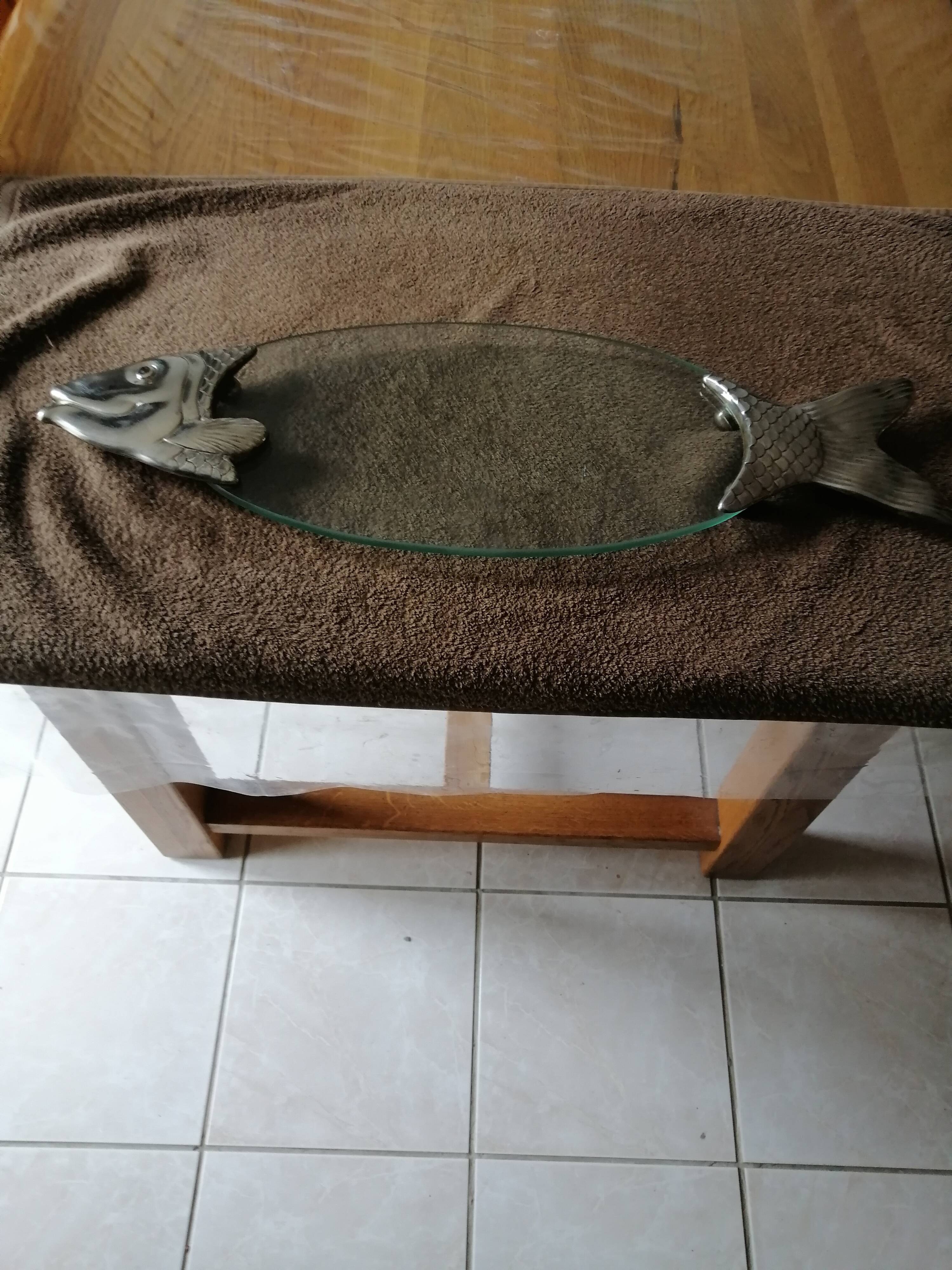 Serving plate for salmon fish dish silver plate and thick glass tray