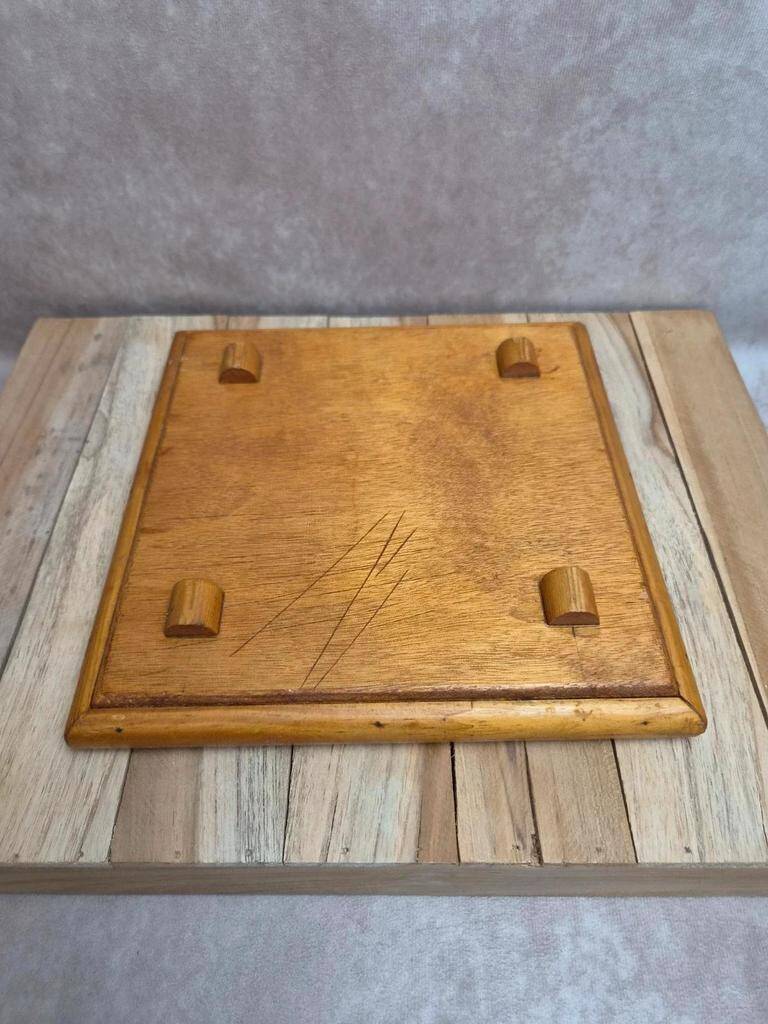 Antique trivet in Gien tile with blue bird decoration – wooden border
