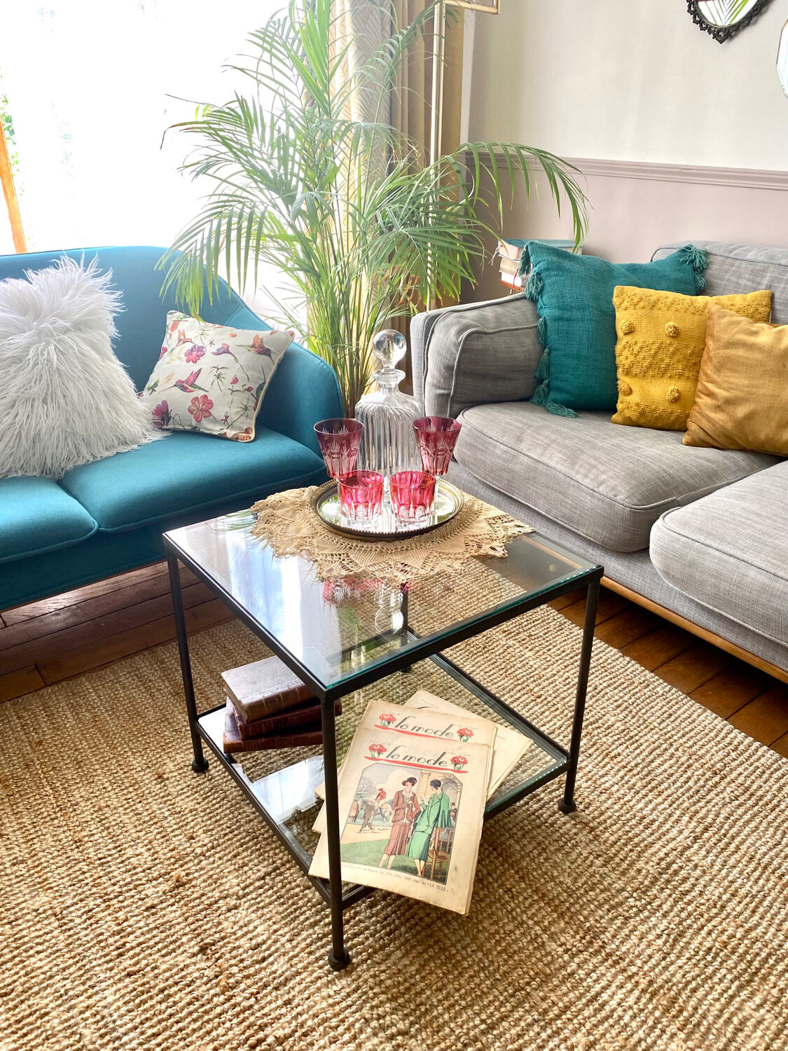 Glass and wrought iron coffee table design