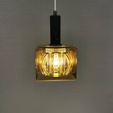 Older square hanging lamp with olive colored outer glass with inner shade of crystal glass