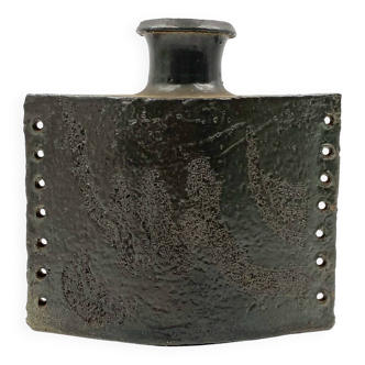 Vase en céramique brutaliste vert foncé, Italie années 1980
