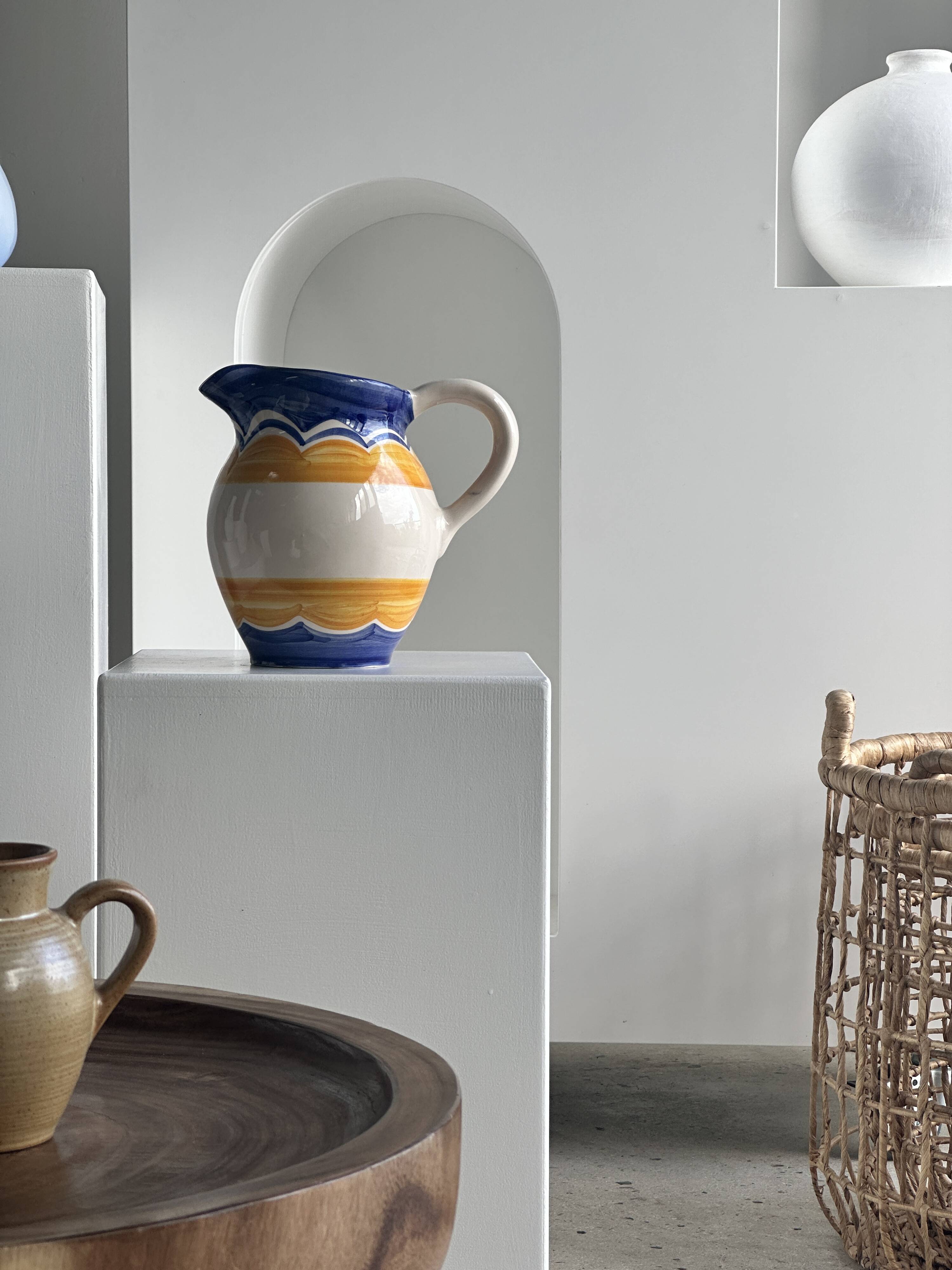 Large blue and yellow hand painted carafe H:20cm