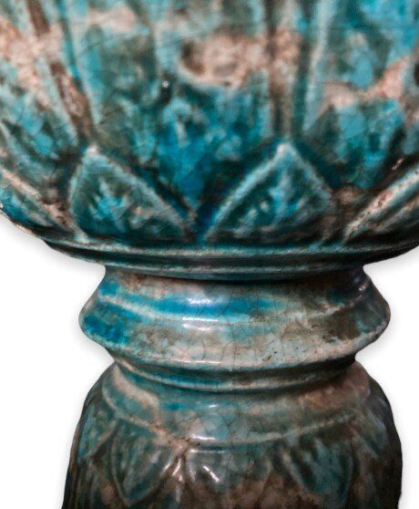 Diabolo shaped cut in blue glazed ceramic