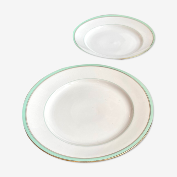 2 plats ronds en porcelaine de Paris dorée et vert d’eau