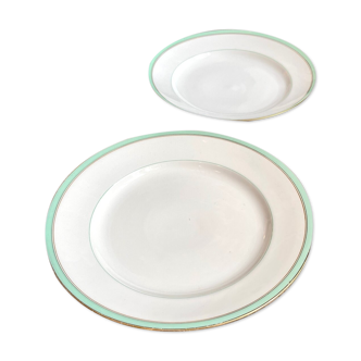 2 plats ronds en porcelaine de Paris dorée et vert d’eau