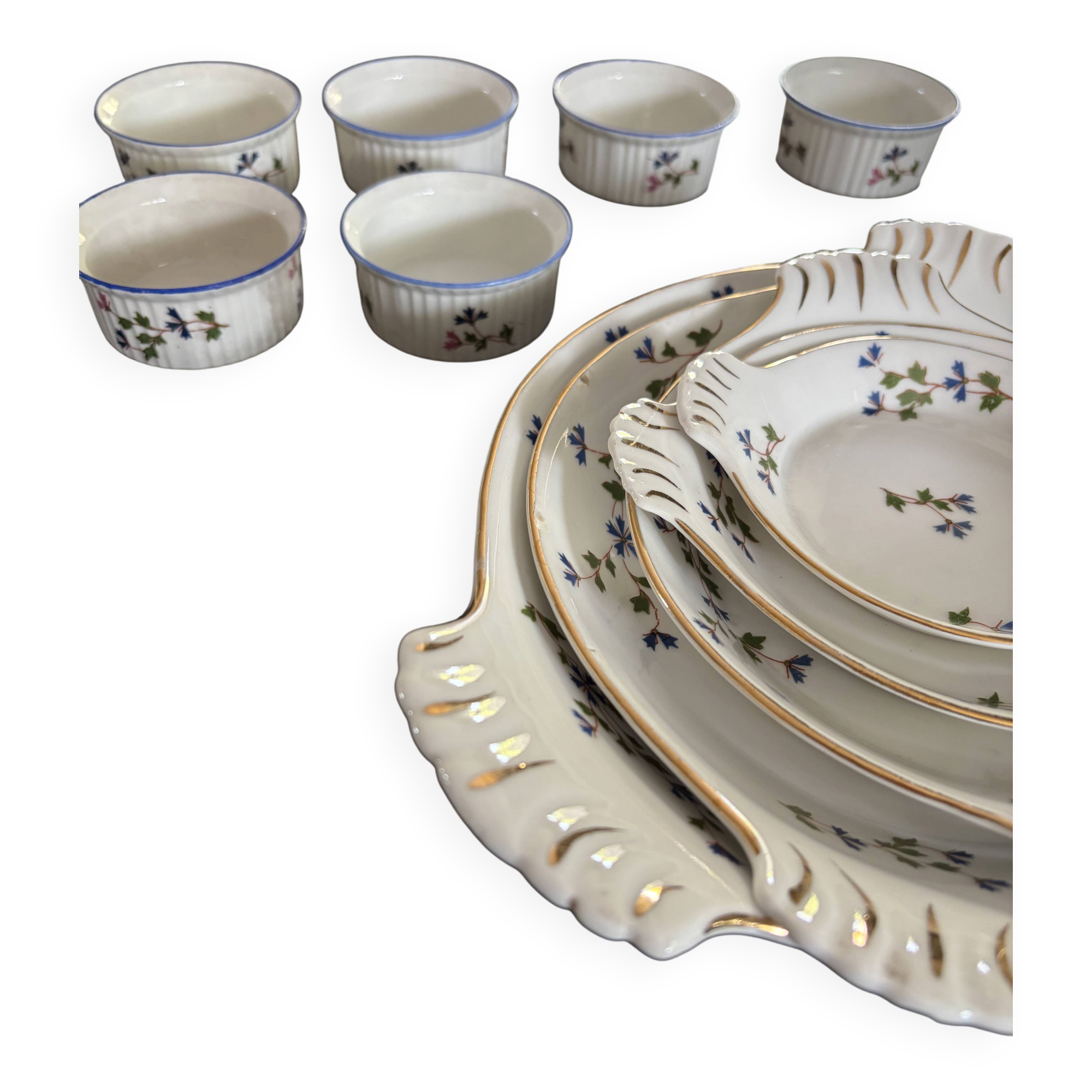 Vintage table service in porcelain LL France – Cornflower and do pattern.