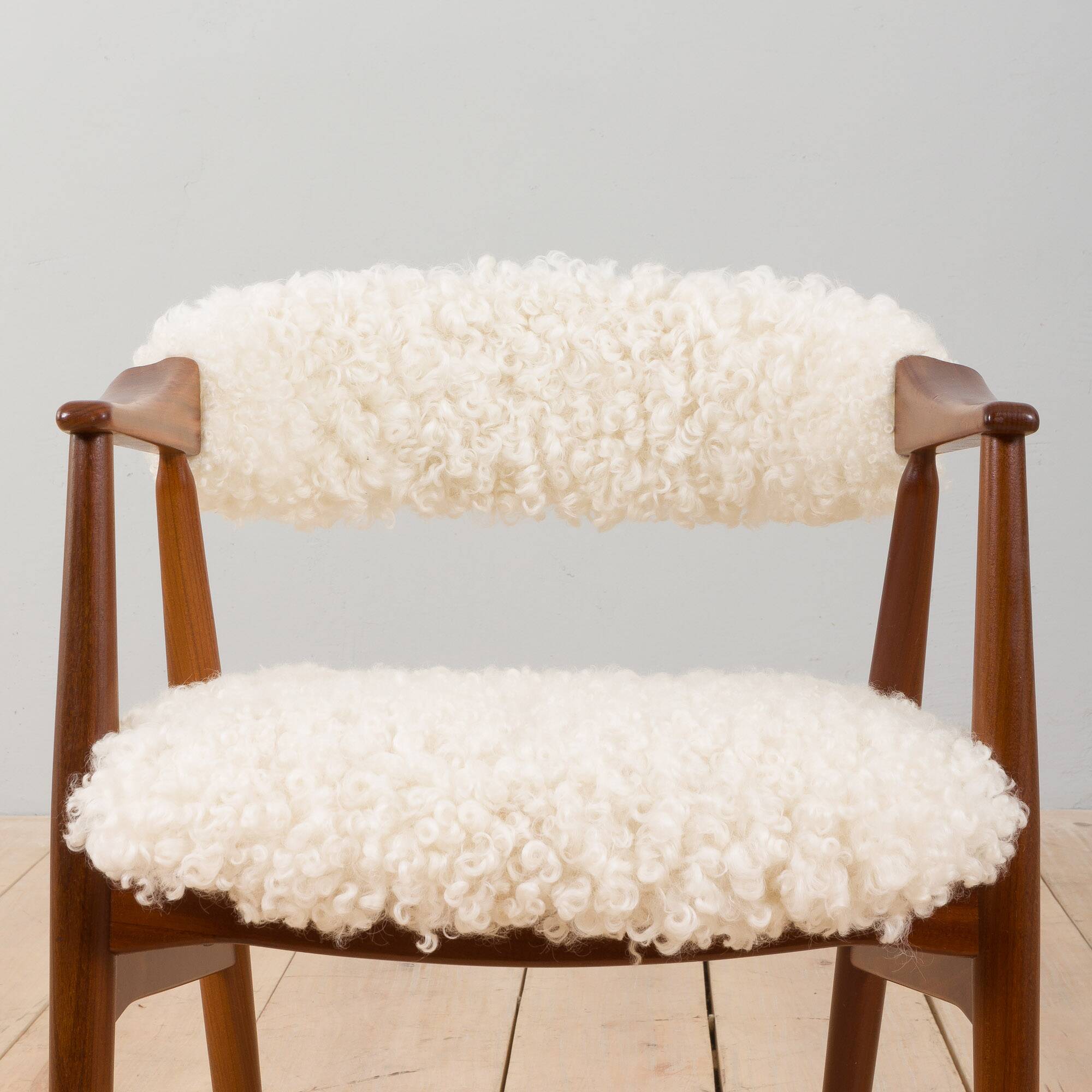 Th. Herlev, Farstrup solid teak chair in natural sheepskin upholstery, Denm