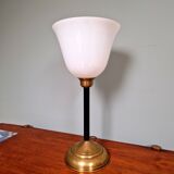 Large Art Deco table lamp, in brass and white opaline, 1920s-3