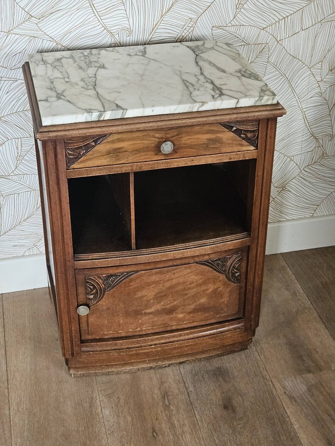 Art Deco bedside table in walnut and marble