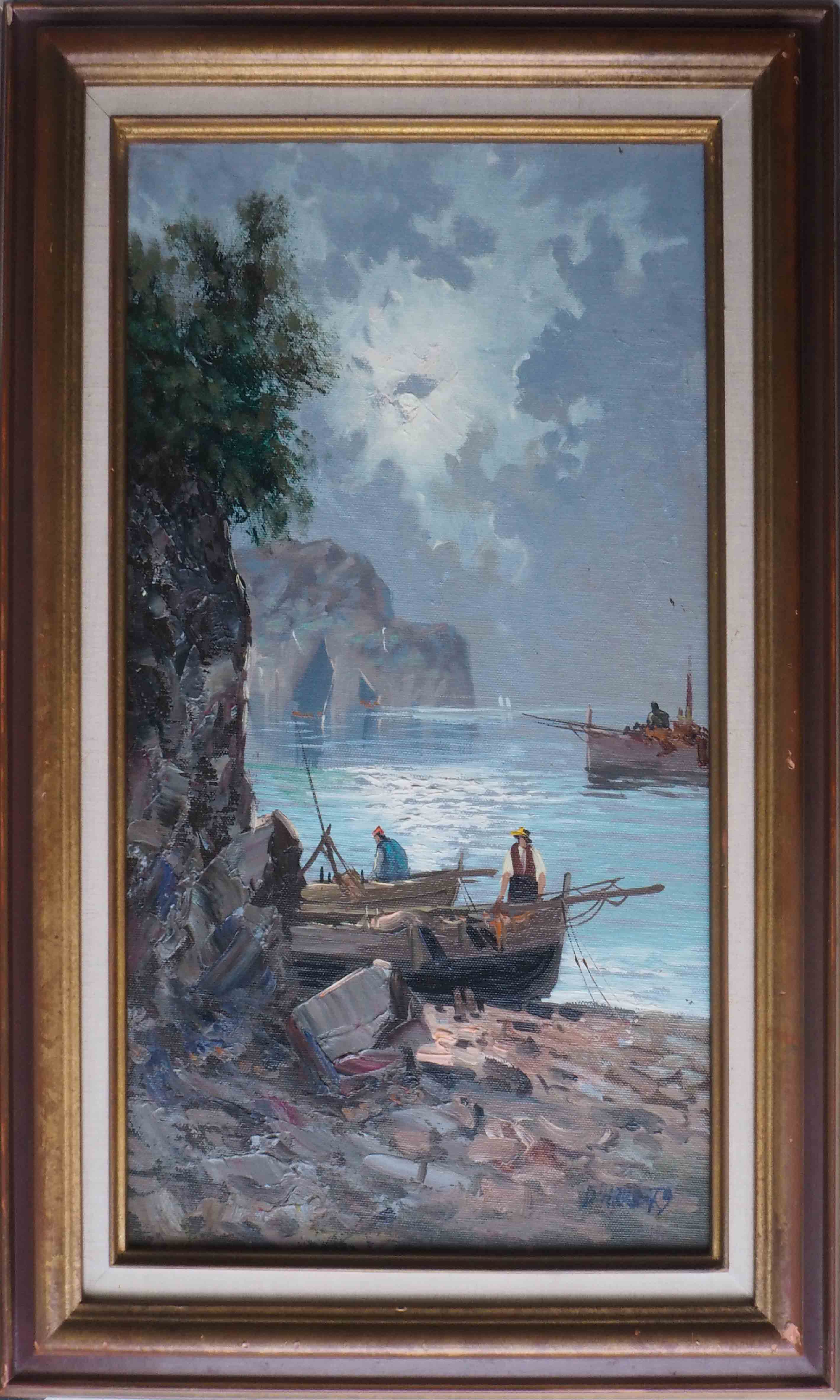 Painting marine fishermen in the moonlight signed + frame