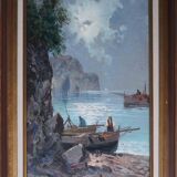 Painting marine fishermen in the moonlight signed + frame