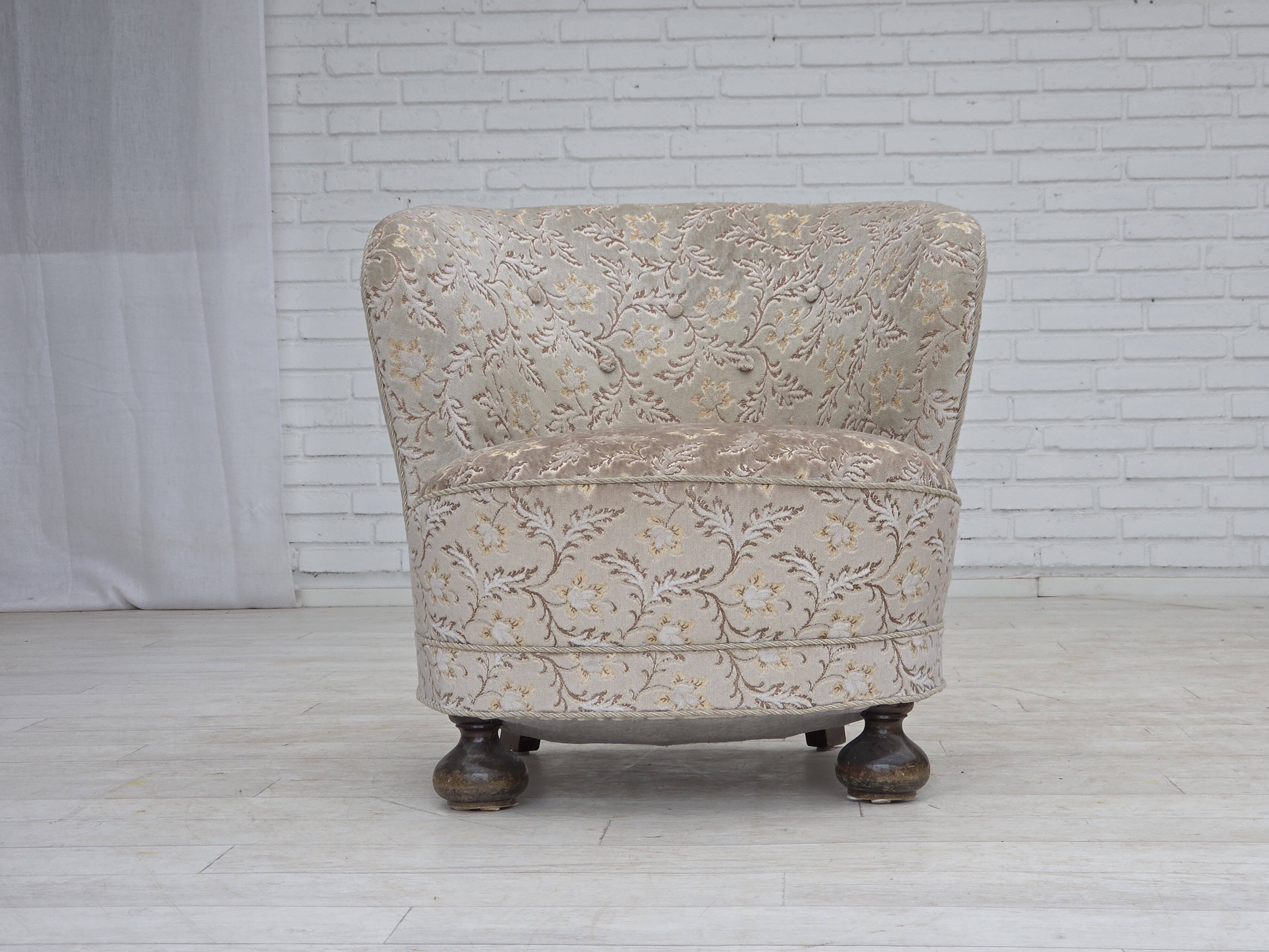 1970s, Danish curved armchair, original light green/gray furniture velour.