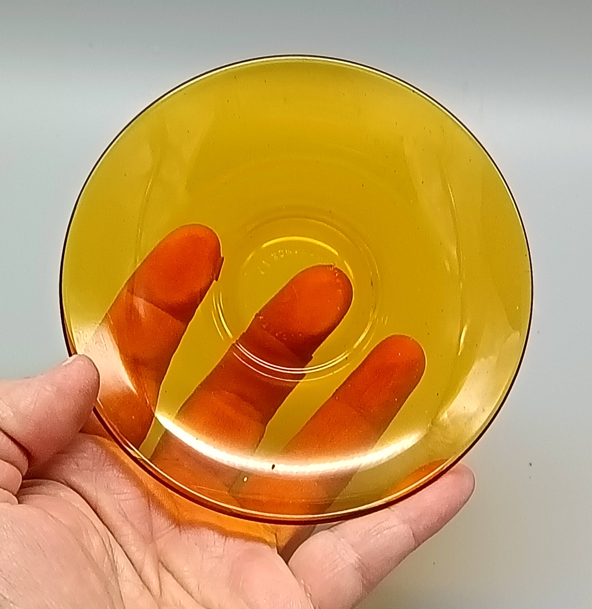 4 Duralex glass cups and saucers, amber color, France vintage