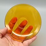 4 Duralex glass cups and saucers, amber color, France vintage