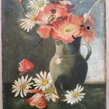Peinture ancienne "coquelicots et marguerites"