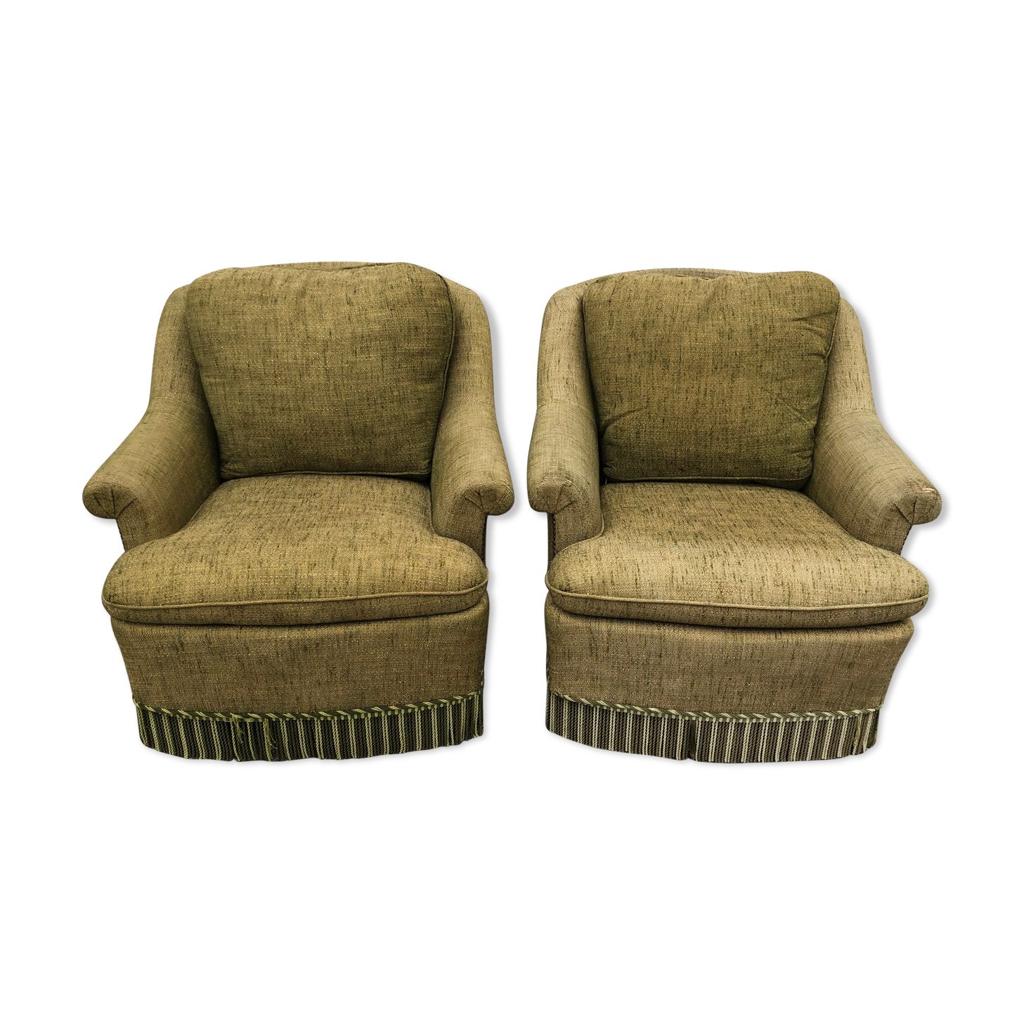 Paire de fauteuils seventies en tweed vert