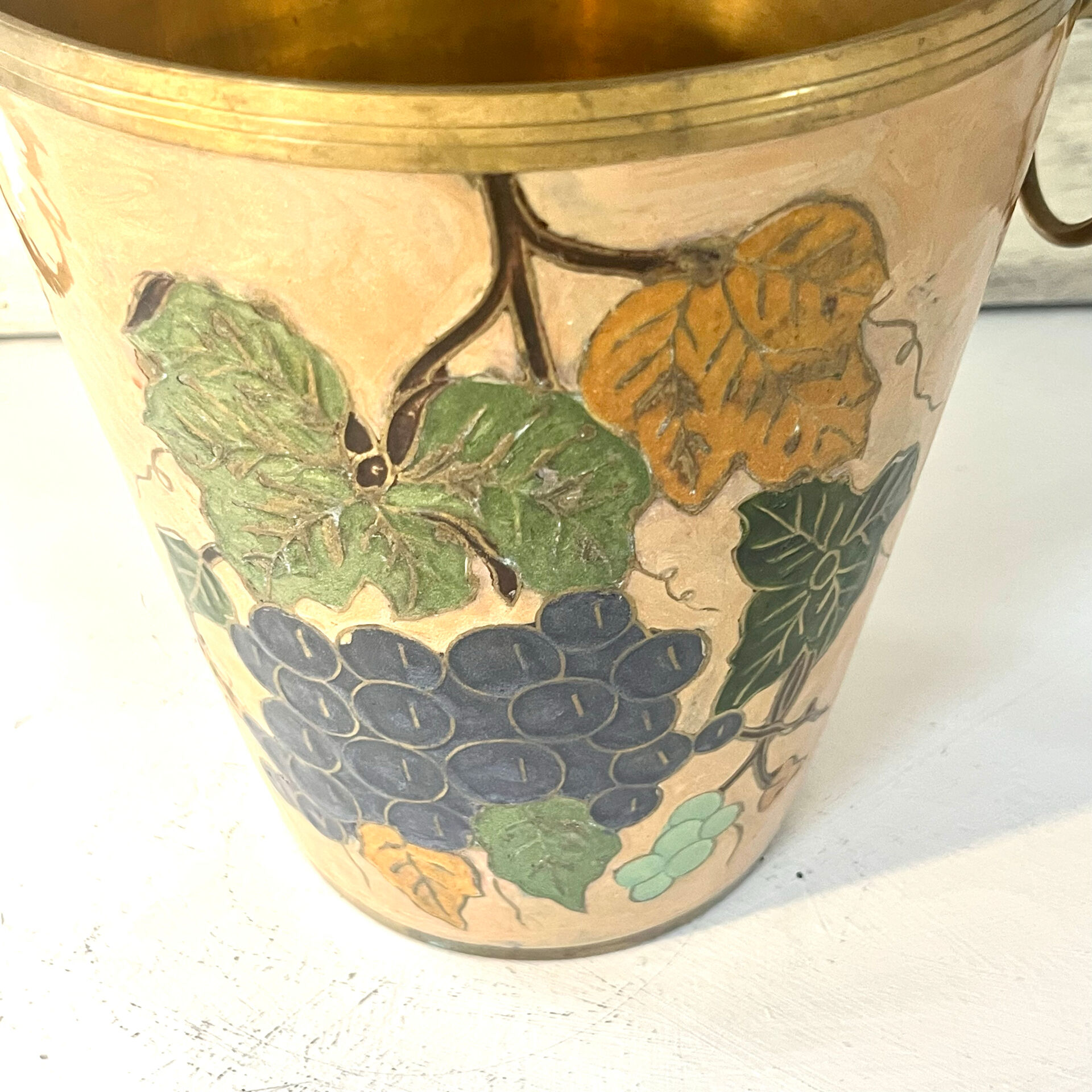 French vintage cloisonne champagne bucket with grape and vine design