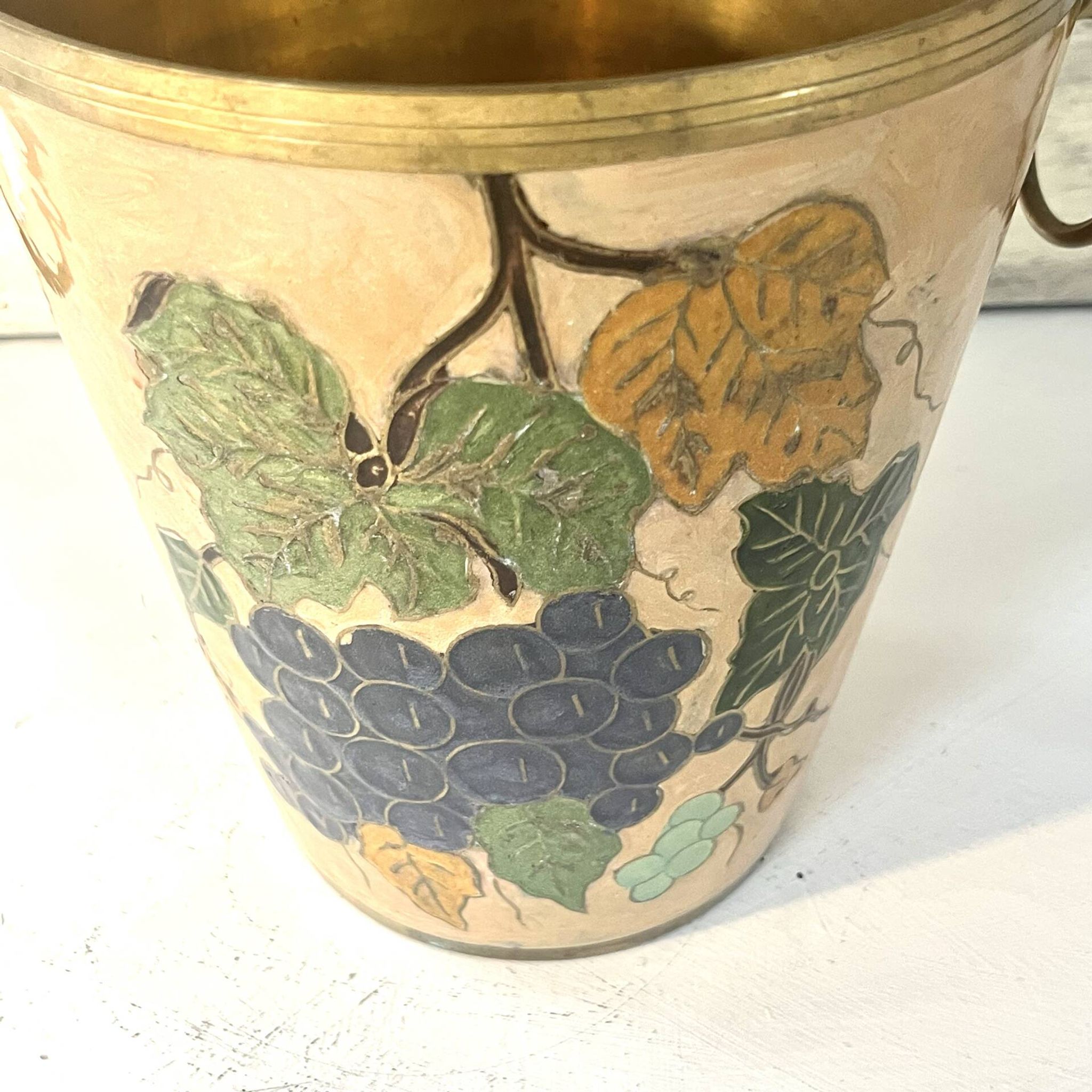 French vintage cloisonne champagne bucket with grape and vine design