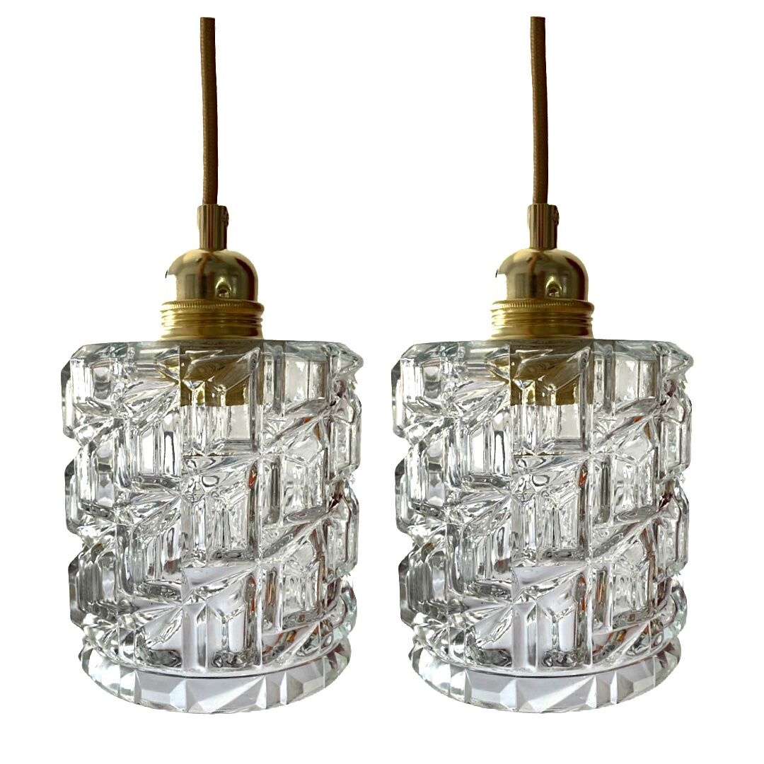 Set of two vintage electric chiseled glass walking lamps