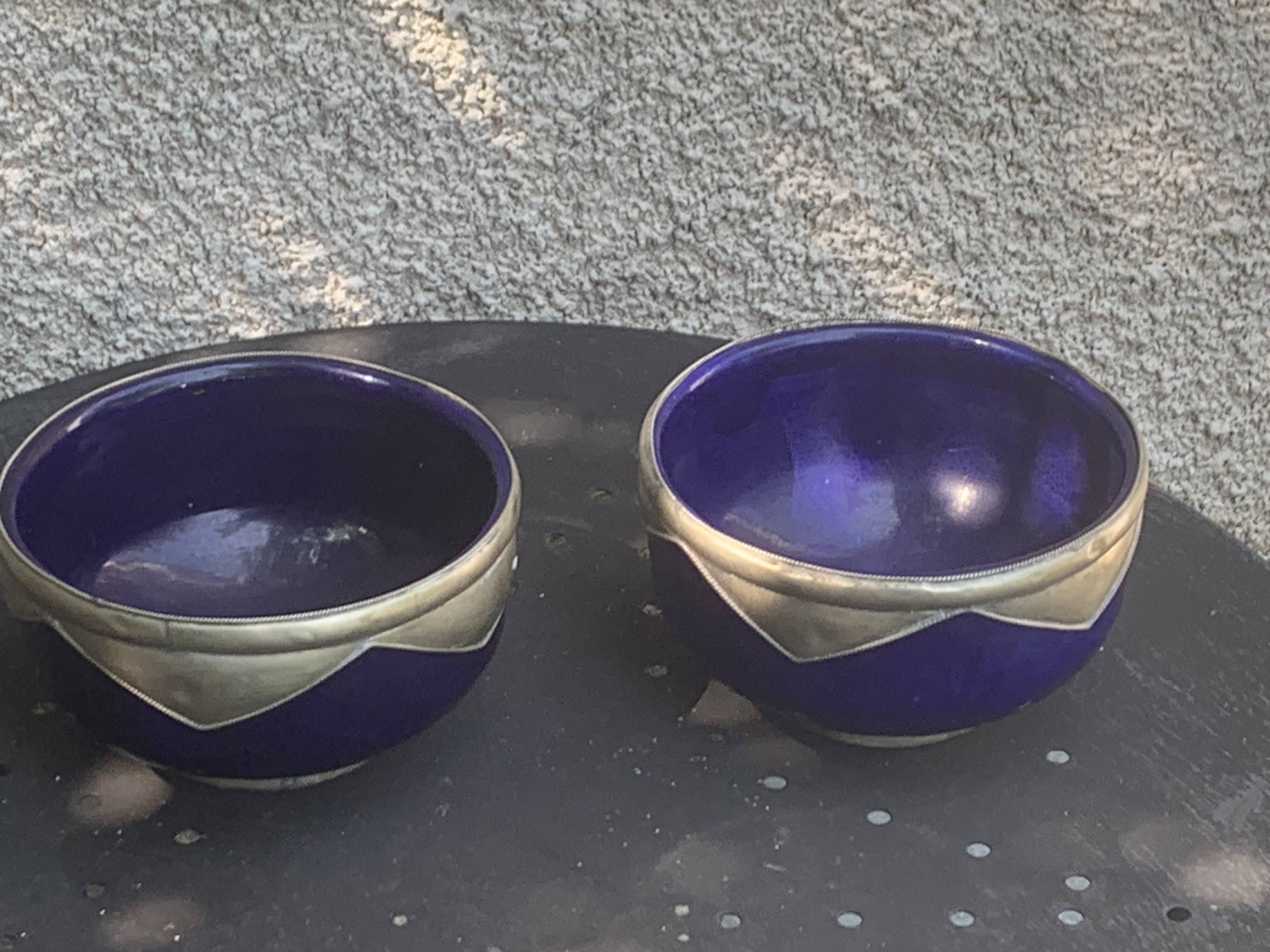 Two blue glazed ceramic and tin bowls, handmade, vintage oriental