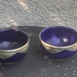 Two blue glazed ceramic and tin bowls, handmade, vintage oriental