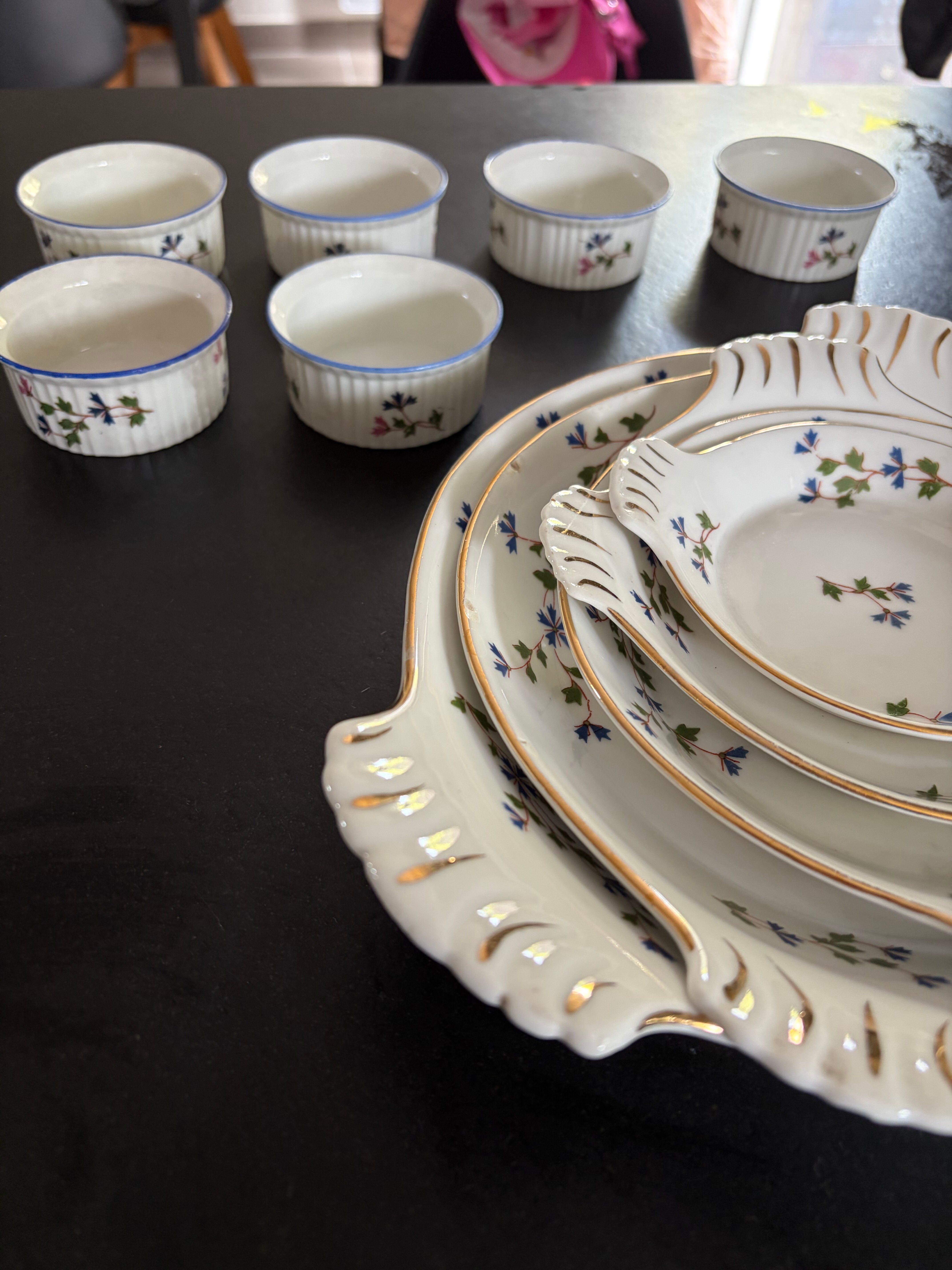 Vintage table service in porcelain LL France – Cornflower and do pattern.