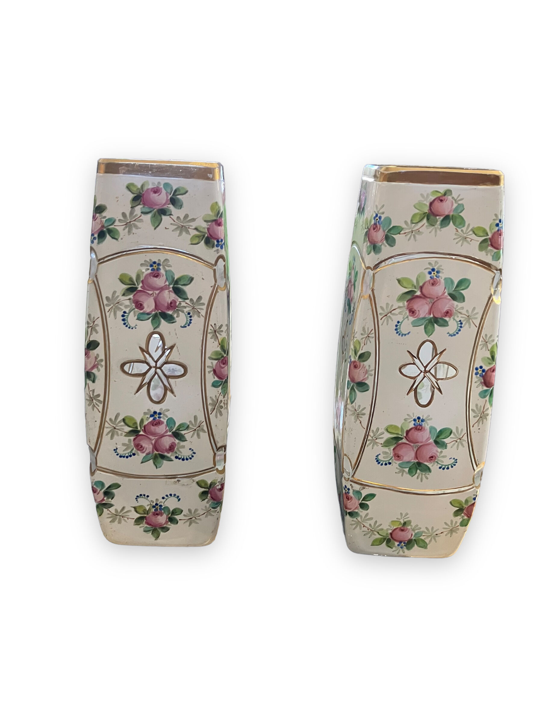 Pair of vases in enamelled and gilded crystal Rose motifs