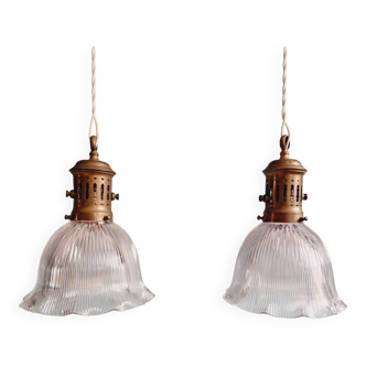 Pair of Holophane pendant lights in grooved glass, 1920s-30s